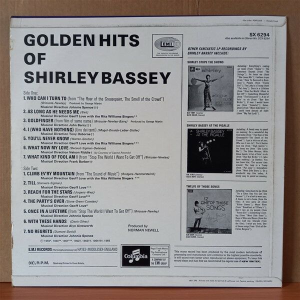 SHIRLEY BASSEY – GOLDEN HITS OF SHIRLEY BASSEY (1965) - LP 2.EL PLAK