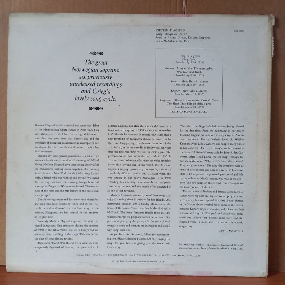 FLAGSTAD / SIX PREVIOUSLY UNISSUED PERFORMANCES OF GRIEG, BRAHMS, STRAUSS, KRAMER, CARPENTER / EDWIN MCARTHUR: PIANO (1965) - LP 2.EL PLAK