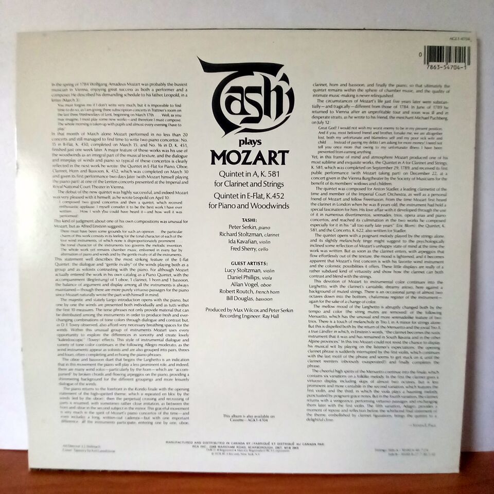 TASHI PLAYS MOZART / QUINTET FOR CLARINET AND STRINGS, K. 581 / QUINTET FOR PIANO AND WOODWINDS, K. 452 (1978) - LP 2.EL PLAK