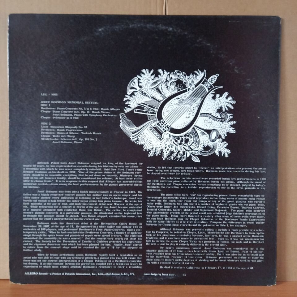 JOSEF HOFMANN – MEMORIAL RECITAL VOLUME 1 / BEETHOVEN, CHOPIN, LISZT, MENDELSSOHN - LP 2.EL PLAK