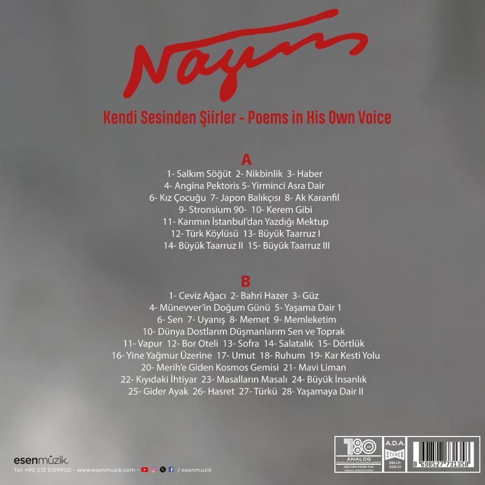 NAZIM HİKMET - KENDİ SESİNDEN ŞİİRLER - LP 180GR 2024 BASIM SIFIR PLAK