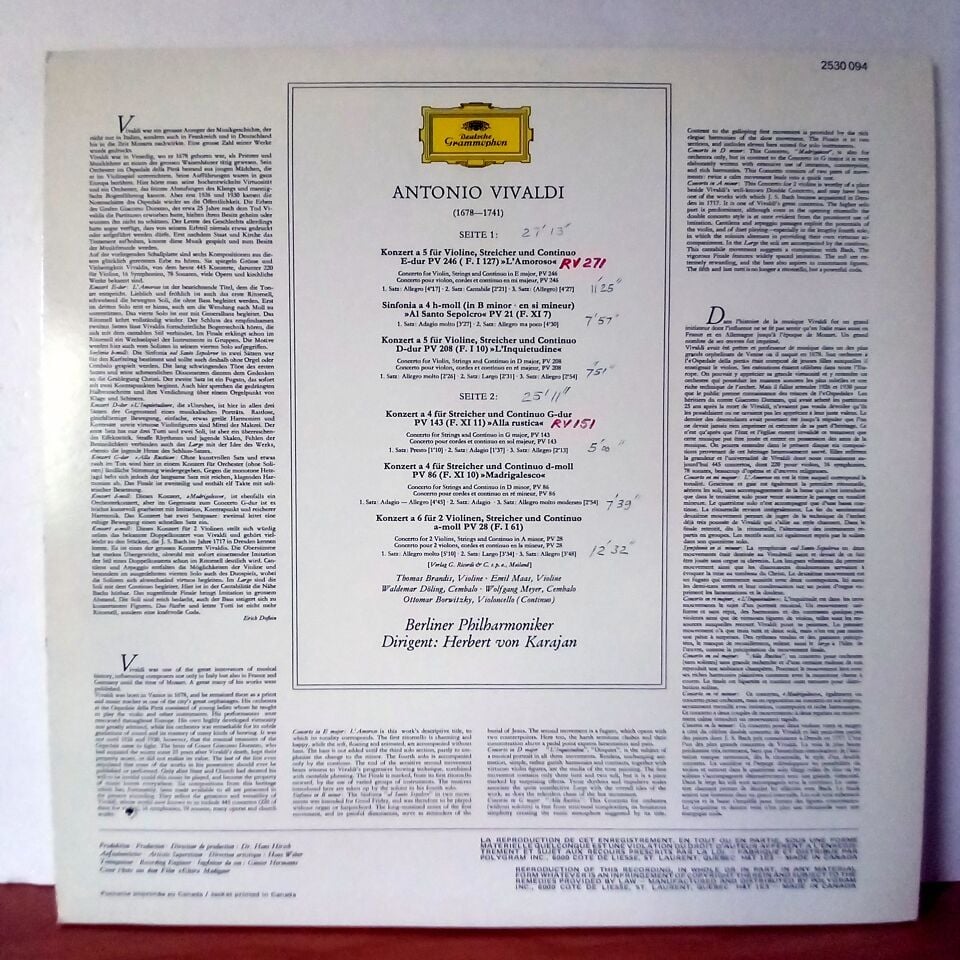 ANTONIO VIVALDI: 6 CONCERTI «L\'AMOROSO» U.A. / BERLINER PHILHARMONIKER • HERBERT VON KARAJAN (1971) - LP 2.EL PLAK