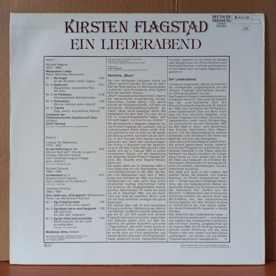 KIRSTEN FLAGSTAD - EIN LIEDERABEND / RICHARD WAGNER, LUDWIG VAN BEETHOVEN, RICHARD STRAUSS, CHRISTIAN SINDING (1980) - LP 2.EL PLAK
