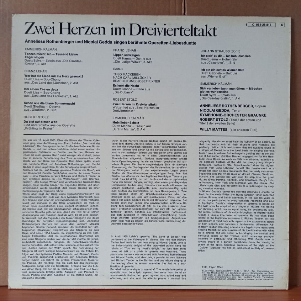 ANNELIESE ROTHENBERGER UND NICOLAI GEDDA – ZWEI HERZEN IM DREIVIERTELTAKT - LP 2.EL PLAK