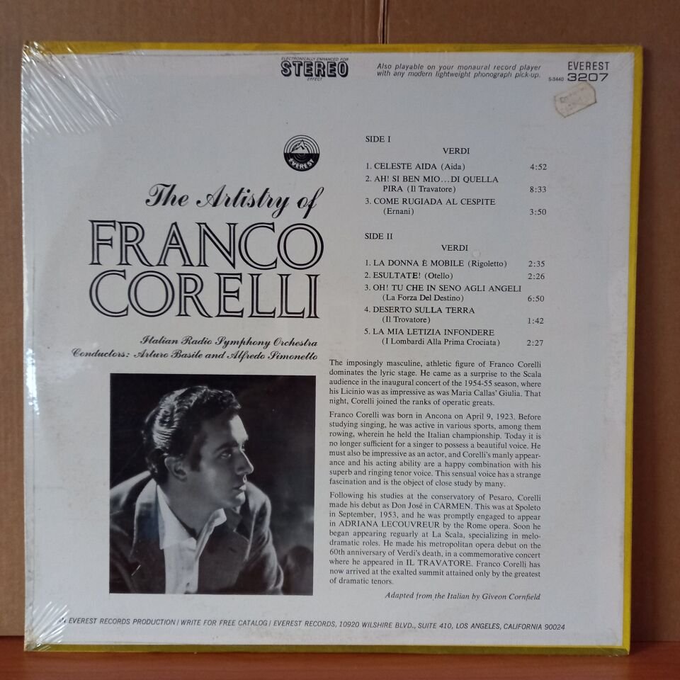 FRANCO CORELLI – THE ARTISTRY OF FRANCO CORELLI / ITALIAN RADIO SYMPHONY ORCHESTRA, ALFREDO SIMONETTO, ARTURO BASILE - LP DÖNEM BASKISI SIFIR PLAK