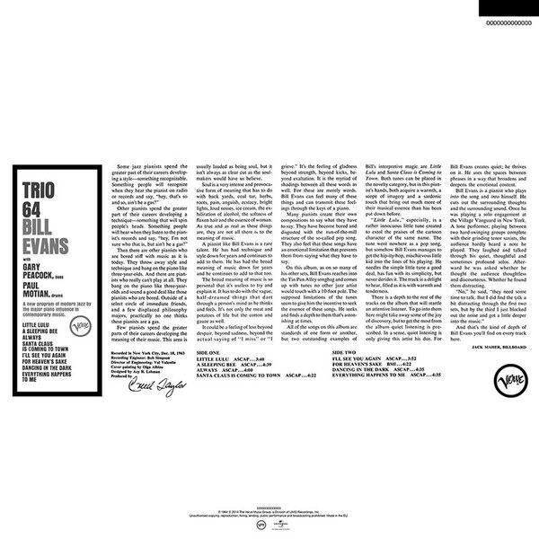 BILL EVANS - TRIO 64 (1964) - LP 2014 REMASTERED REISSUE 180GR SIFIR PLAK