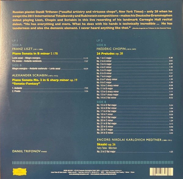 DANIIL TRIFONOV - THE CARNEGIE RECITAL (2023) LISZT SCRIABIN CHOPIN - 2LP DEUTSCHE GRAMMOPHON GATEFOLD SIFIR PLAK
