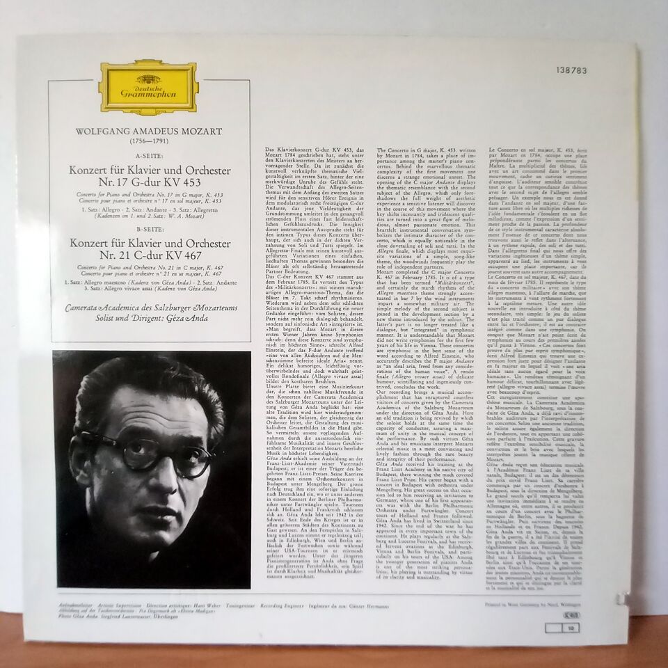 MOZART / KLAVIERKONZERTE · PIANO CONCERTOS (G-DUR / IN G MAJOR / KV 453 · C-DUR / IN C MAJOR / KV 467) / CAMERATA ACADEMICA DES SALZBURGER MOZARTEUMS, GEZA ANDA (1969) - LP 2.EL PLAK