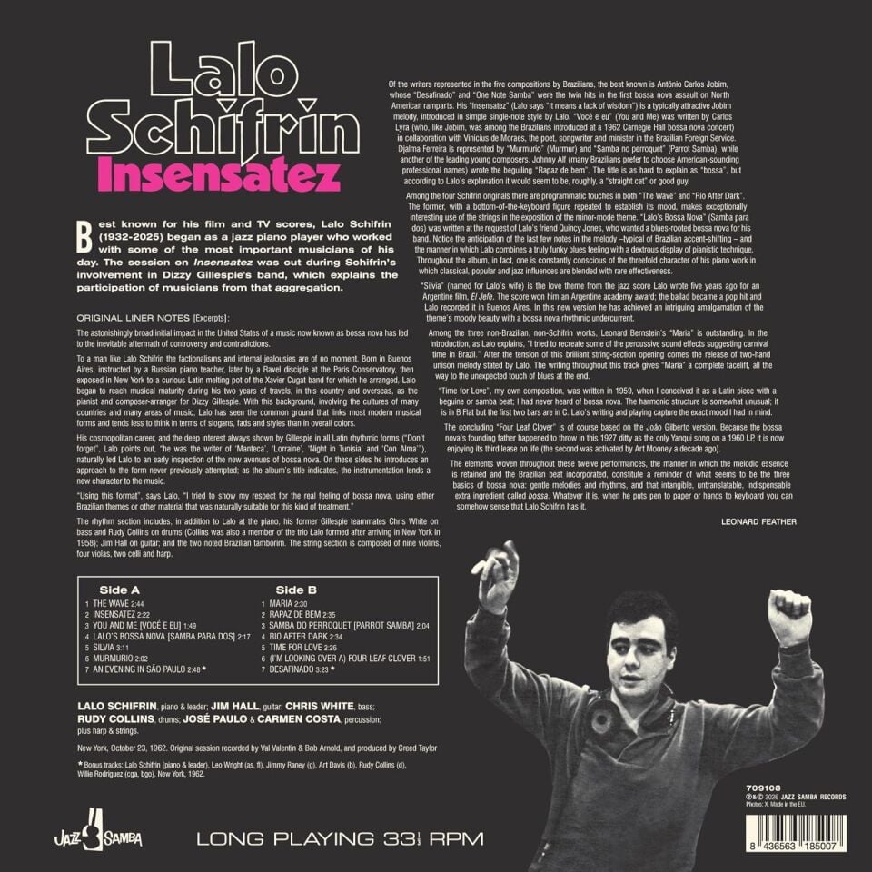 LALO SCHIFRIN - INSENSATEZ (aka PIANO,STRINGS AND BOSSA NOVA) (1963) - LP 180GR 2026 EDITION SIFIR PLAK