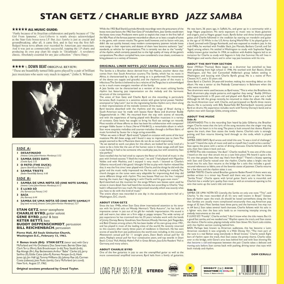 STAN GETZ & CHARLIE BYRD - JAZZ SAMBA (1962) - LP 180GR 2018 YELLOW COLOURED EDITION LATIN JAZZ BOSSA NOVA SIFIR PLAK