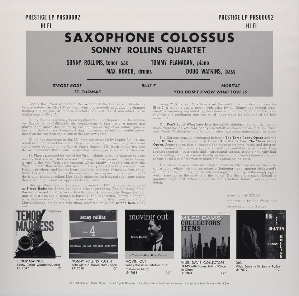 SONNY ROLLINS (w/ TOOMY FLANAGAN,DOUG WATKINS,MAX ROACH) - SAXOPHONE COLOSSUS (1957) - LP 180GR 2017 EDITION SIFIR PLAK