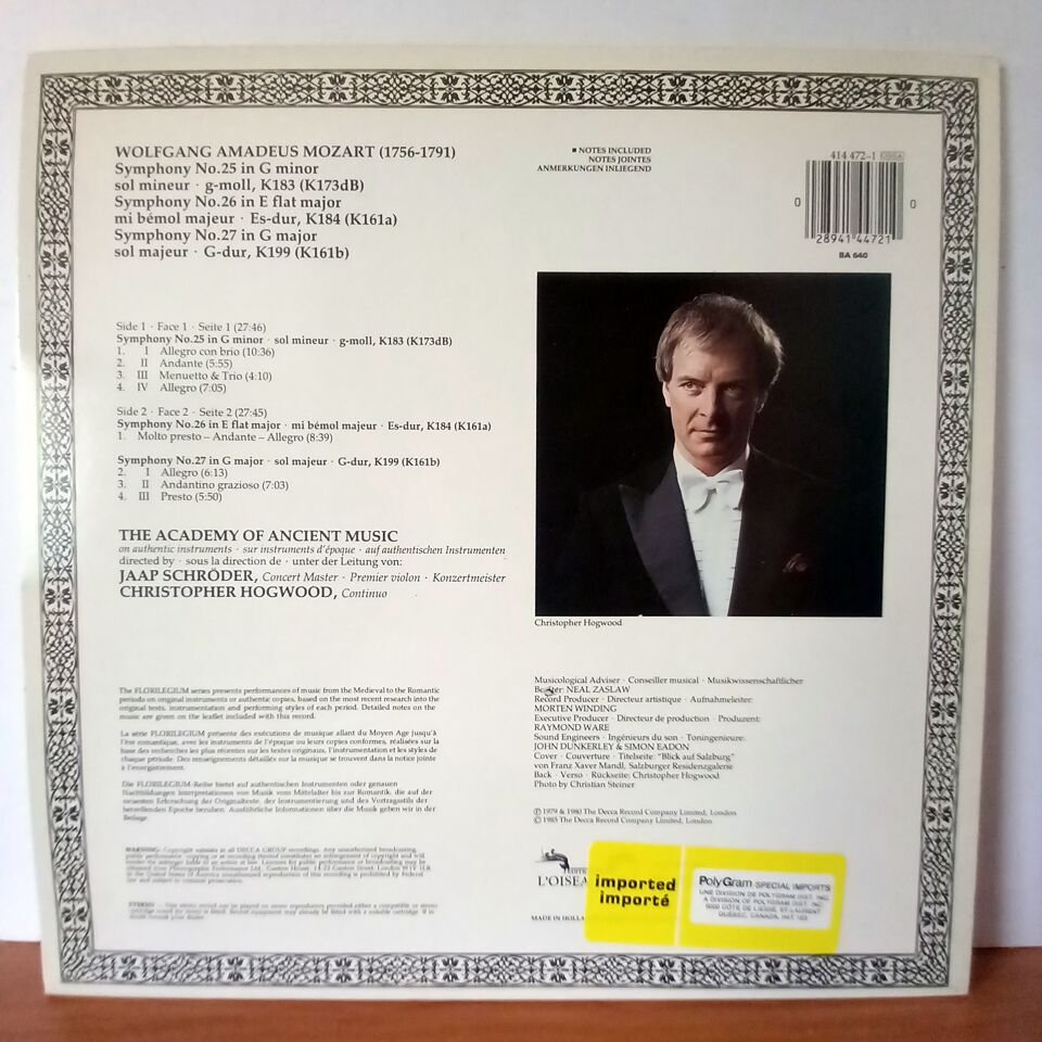 MOZART: SYMPHONIES 25, 26, & 27 / THE ACADEMY OF ANCIENT MUSIC, JAAP SCHRÖDER, CHRISTOPHER HOGWOOD (1985) - LP 2.EL PLAK
