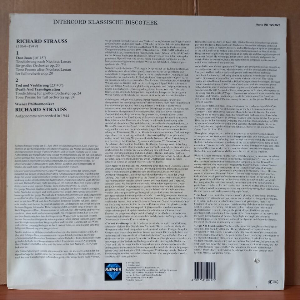 RICHARD STRAUSS: DON JUAN - TOD UND VERKLARUNG / WIENER PHILHARMONIKER (1980) - LP 2.EL PLAK