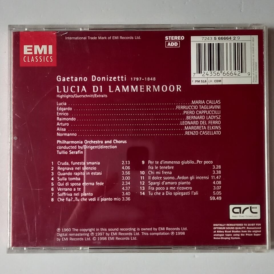 DONIZETTI : MARIA CALLAS, FERRUCCIO TAGLIAVINI, PIERO CAPPUCCILLI, PHILHARMONIA ORCHESTRA AND CHORUS, TULLIO SERAFIN – LUCIA DI LAMMERMOOR (1960) - CD REMASTERED 1998 REISSUE 2.EL