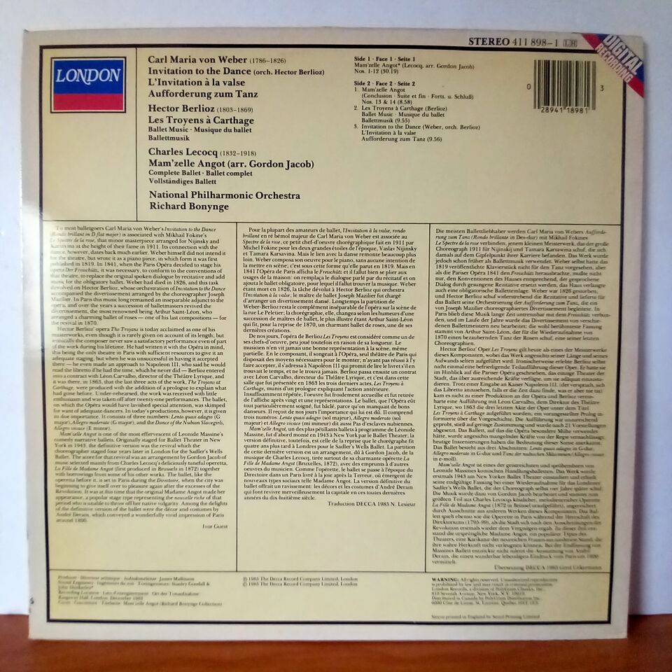 WEBER:  INVITATION TO THE DANCE / BERLIOZ: LES TROYENS A CARTHAGE / LECOCQ: MAM\'ZELLE ANGOT / NATIONAL PHILHARMONIC ORCHESTRA, RICHARD BONYNGE –E (1985) - LP 2.EL PLAK