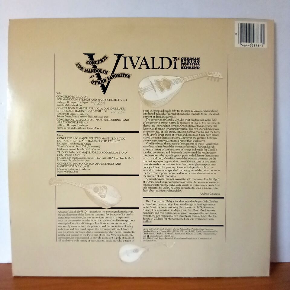 VIVALDI: CONCERTI FOR MANDOLIN AND OTHER FAVORITES / SIEGFRIED BEHREND AND THE GERMAN STRING ORCHESTRA (1982) - LP 2.EL PLAK