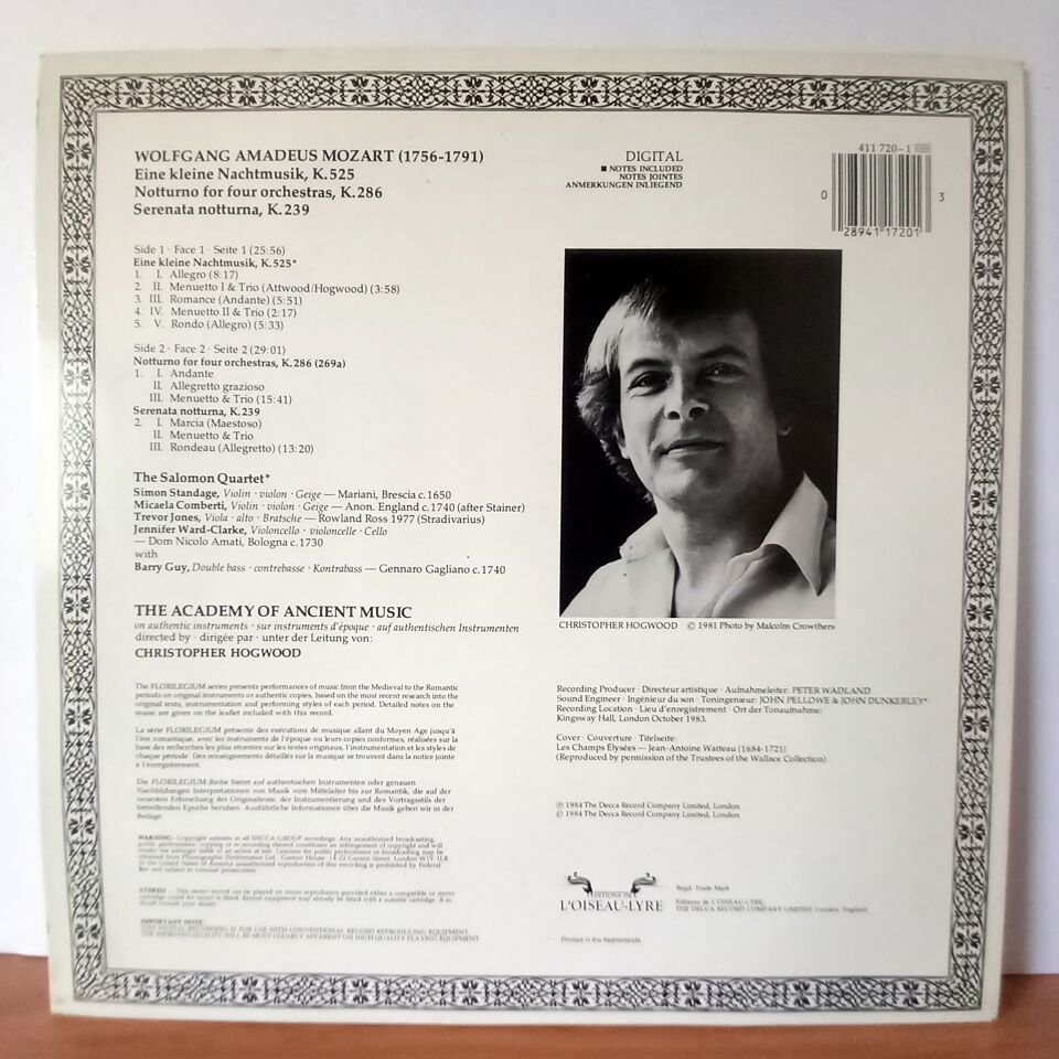 WOLFGANG AMADEUS MOZART / EINE KLEINE NACHTMUSIK / THE ACADEMY OF ANCIENT MUSIC, CHRISTOPHER HOGWOOD • SERENATA NOTTURNA • NOTTURNO, K.286 (1984) - LP 2.EL PLAK