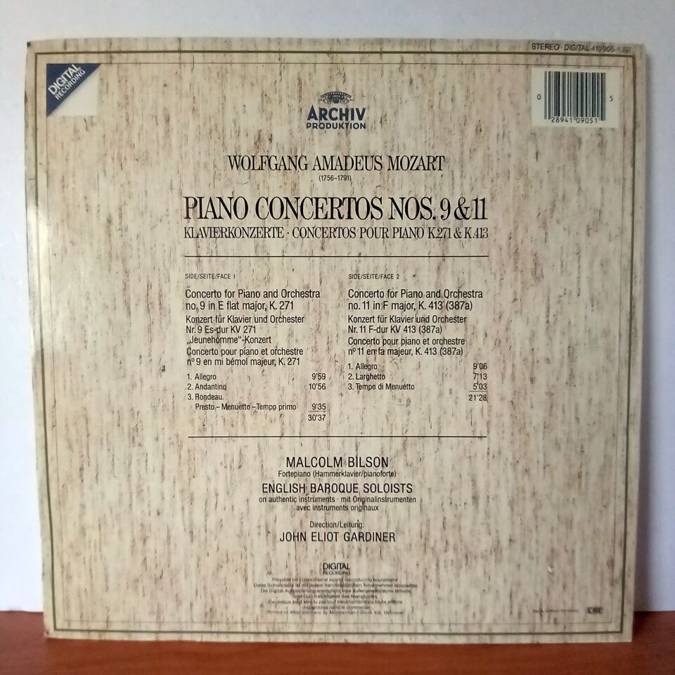 WOLFGANG AMADEUS MOZART: PIANO CONCERTOS NOS. 9 & 11 = KLAVIERKONZERTE = CONCERTOS POUR PIANO K.271 & K.413 / MALCOLM BILSON, ENGLISH BAROQUE SOLOISTS • JOHN ELIOT GARDINER (1984) - LP 2.EL PLAK