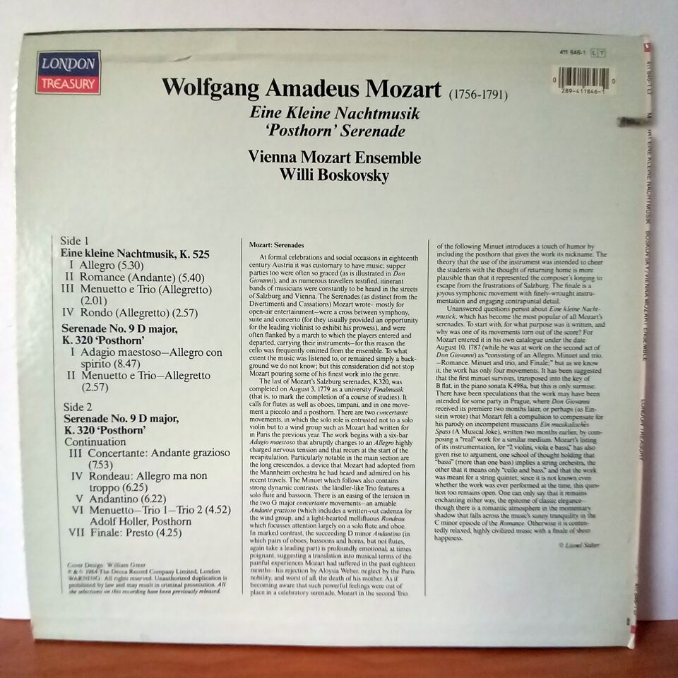 MOZART: EINE KLEINE NACHTMUSIK / \'\'POSTHORN\'\' SERENADE / VIENNA MOZART ENSEMBLE, WILLI BOSKOVSKY (1985) - LP 2.EL PLAK