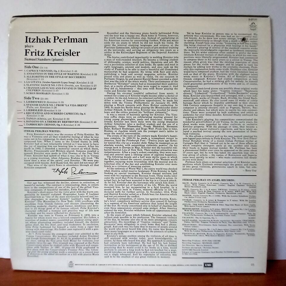 ITZHAK PERLMAN / ITZHAK PERLMAN PLAYS FRITZ KREISLER / SAMUEL SANDERS (1976) - LP 2.EL PLAK