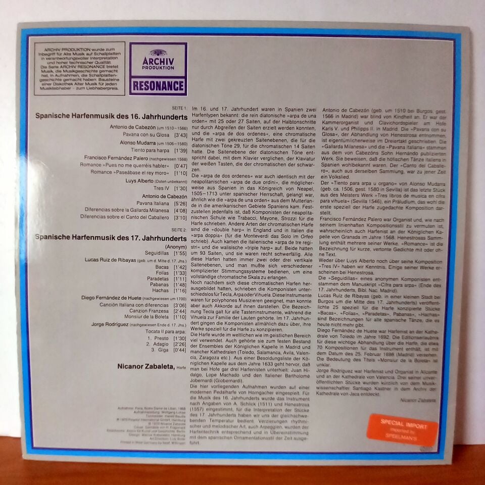 SPANISCHE HARFENMUSIK DES 16. UND 17. JAHRHUNDERTS / NICANOR ZABALETA (1970) - LP 2.EL PLAK