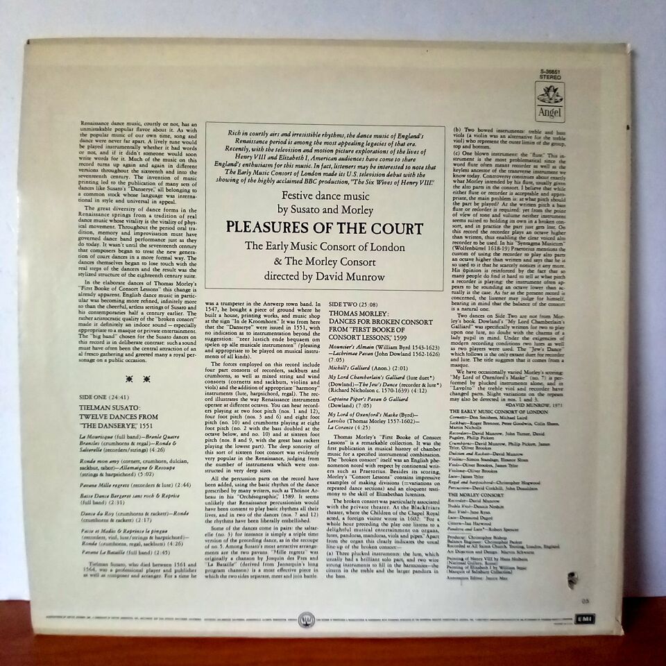 PLEASURES OF THE COURT / SUSATO AND MORLEY, THE EARLY MUSIC CONSORT OF LONDON & THE MORLEY CONSORT DIRECTED BY DAVID MUNROW (1972) - LP 2.EL PLAK