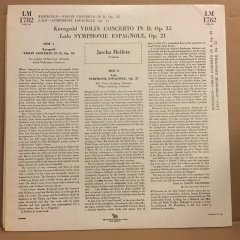 KORNGOLD VIOLIN CONCERTO / LALO SYMPHONIE ESPAGNOLE, JASCHA HEIFETZ (1954) REISSUE MONO 2.EL PLAK