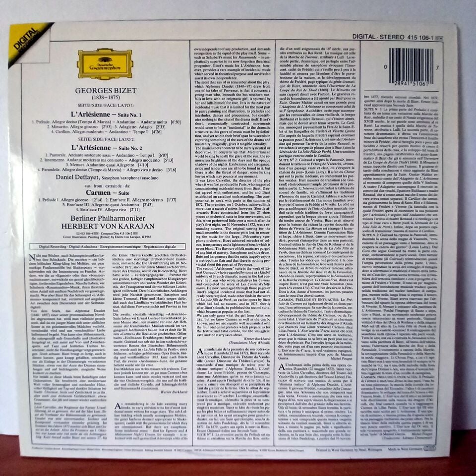BIZET ∙ KARAJAN / L\'ARLESIENNE-SUITES NOS. 1 & 2 ∙ CARMEN-SUITE / BERLINER PHILHARMONIKER (1985) - LP 2.EL PLAK