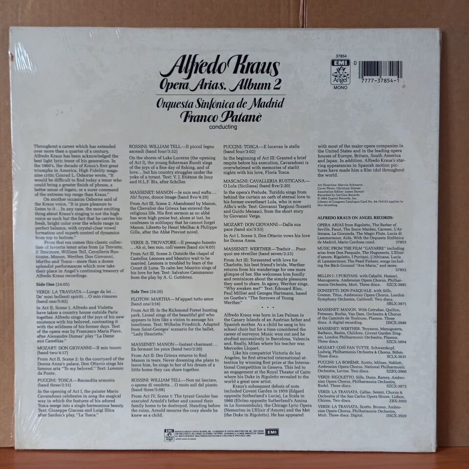 ALFREDO KRAUS - OPERA ARIAS ALBUM 2 / ORQUESTA SINFONICA DE MADRID, FRANCO PATANE (1984) - LP DÖNEM BASKISI SIFIR PLAK