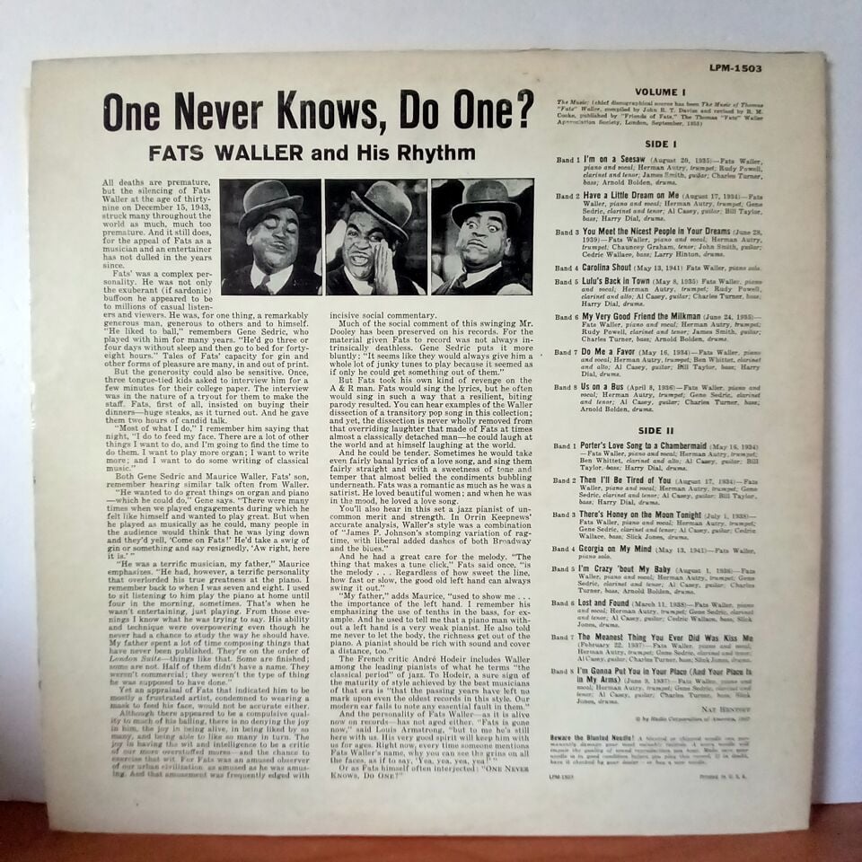 FATS WALLER & HIS RHYTHM – ONE NEVER KNOWS, DO ONE? (1957) - LP 2.EL PLAK