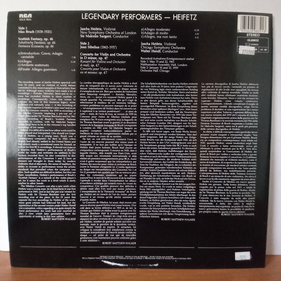 HEIFETZ / BRUCH: SCOTTISH FANTASY OP.46 / SIBELIUS: CONCERTO FOR VIOLIN AND ORCHESTRA IN D MINOR OP.47 / SIR MALCOLM SARGENT - WALTER HENDL (1986) - LP 2.EL PLAK