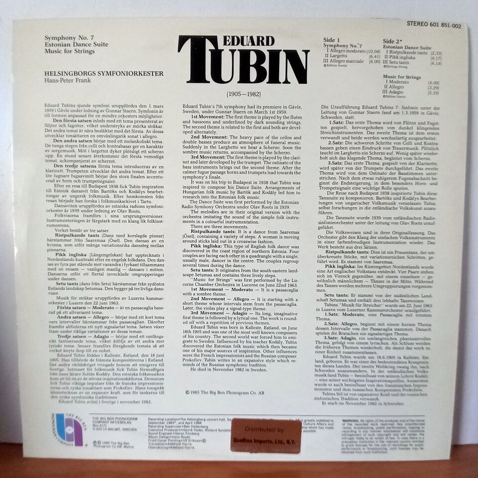 EDUARD TUBIN: SYMPHONY NO.7 / ESTONIAN DANCE SUITE / MUSIC FOR STRINGS / HELSINGBORGS SYMFONIORKESTER, HANS-PETER FRANK (1985) - LP 2.EL PLAK