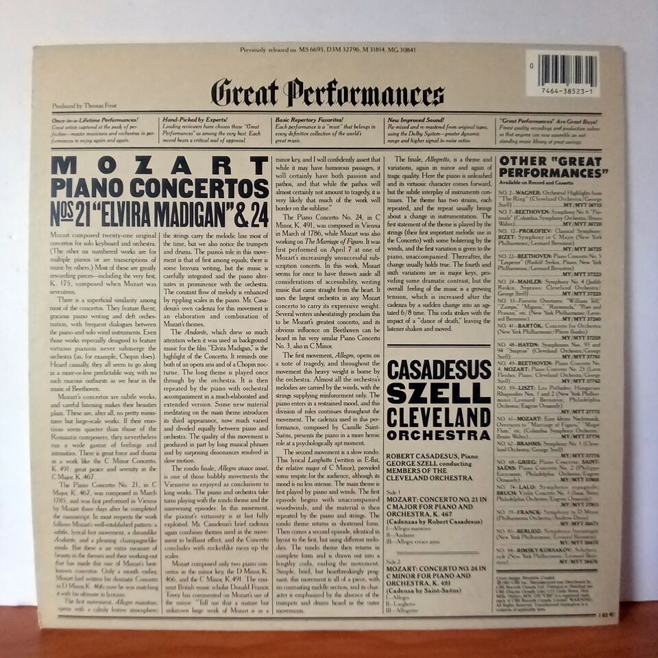 MOZART: MOZART PIANO CONCERTOS NOS. 21 \'\'ELVIRA MADIGAN\'\' & 24 / ROBERT CASADESUS, GEORGE SZELL, THE CLEVELAND ORCHESTRA (1983) - LP 2.EL PLAK