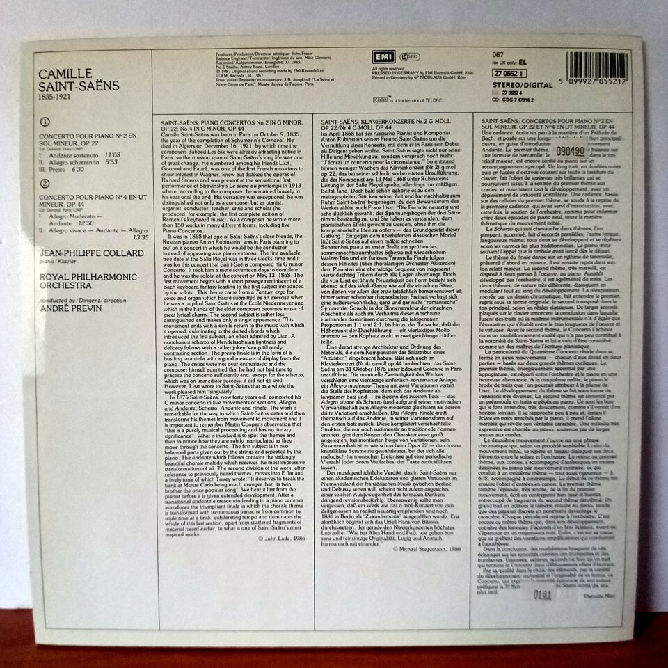 SAINT-SAENS, JEAN-PHILIPPE COLLARD, ANDRE PREVIN, ROYAL PHILHARMONIC ORCHESTRA – CONCERTOS POUR PIANO NOS 2 & 4 (1987) - LP 2.EL PLAK