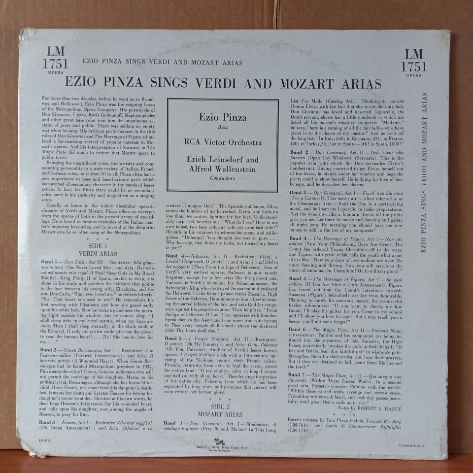 EZIO PINZA – EZIO PINZA SINGS VERDI AND MOZART ARIAS - LP DÖNEM BASKISI SIFIR PLAK