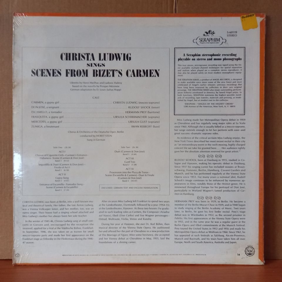 CHRISTA LUDWIG SINGS SCENES FROM BIZET´S CARMEN (IN GERMAN) / RUDOLF SCHOCK, MELITTA MUSZELY, HERMANN PREY, CHOR DER DEUTSCHEN OPER BERLIN, BERLINER SYMPHONIKER, HORST STEIN - LP DÖNEM BASKISI SIFIR PLAK