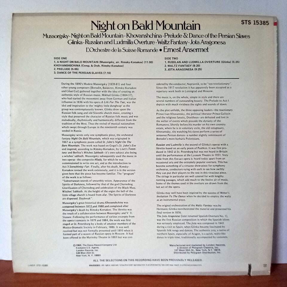 NIGHT ON BALD MOUNTAIN - MUSIC OF MUSSORGSKY AND GLINKA, MUSSORGSKY, GLINKA, L'ORCHESTRE DE LA SUISSE ROMANDE, ERNEST ANSERMET (1979) - LP 2.EL PLAK