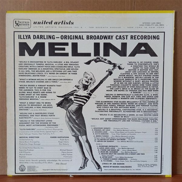 MANOS HADJIDAKIS, MELINA MERCOURI – ILLYA DARLING / ORIGINAL BROADWAY CAST ALBUM (1967) - LP 2.EL PLAK