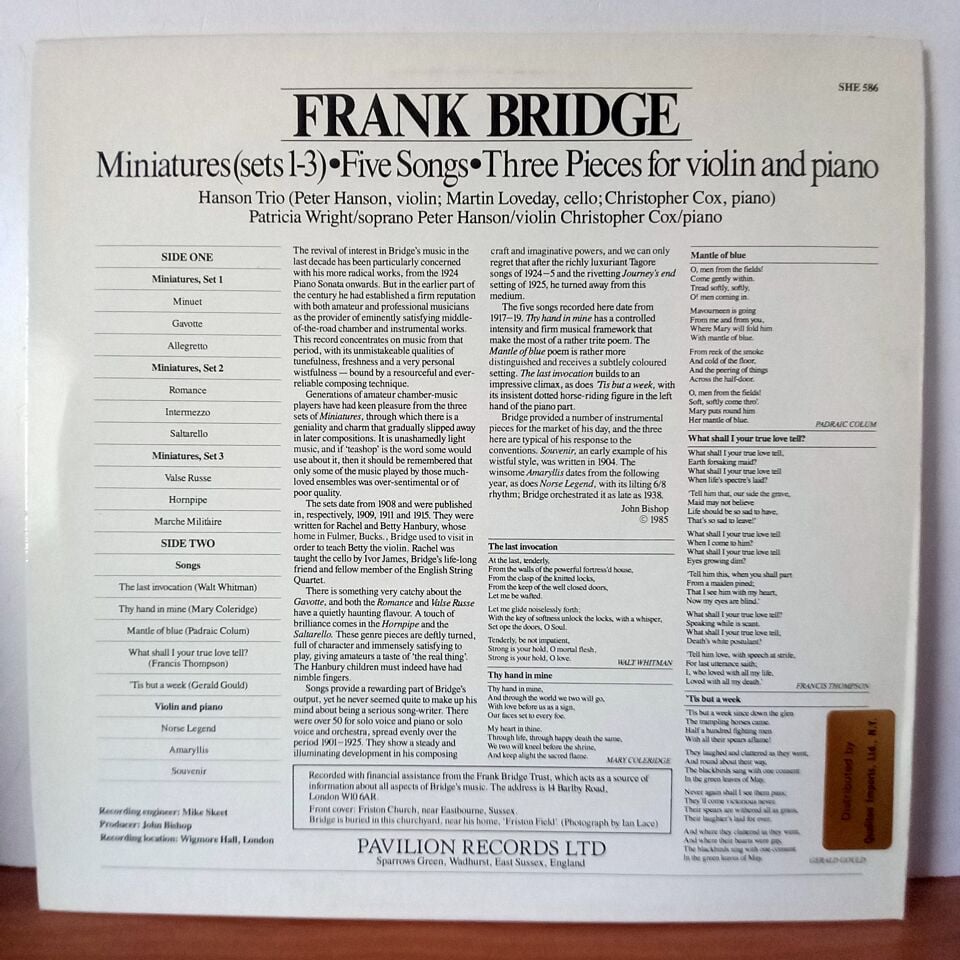 FRANK BRIDGE: MINIATURES(SETS 1-3)•FIVE SONGS•THREE PIECES FOR VIOLIN AND PIANO / PATRICIA WRIGHT, CHRISTOPHER COX (1985) - LP 2.EL PLAK