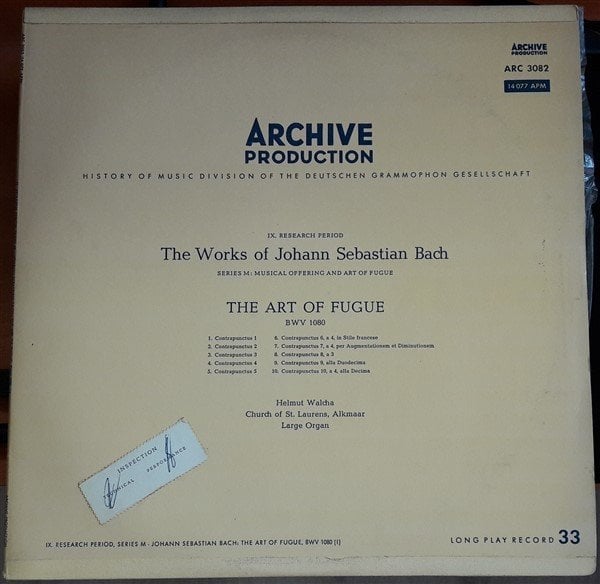 BACH: THE ART OF FUGUE, HELMUT WALCHA - LP 2.EL