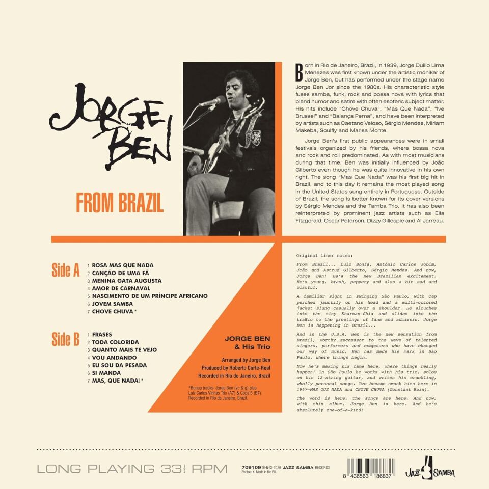 JORGE BEN - FROM BRAZIL (aka O Bidú: Silêncio No Brooklin , 1967) - LP 180GR 2026 EDITION BOSSA NOVA , SAMBA SIFIR PLAK