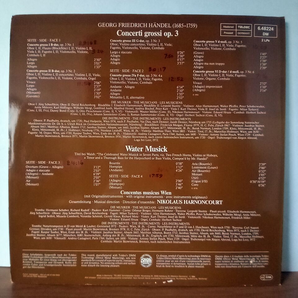 HANDEL: WATER MUSICK · 6 CONCERTI GROSSI OP. 3 / CONCENTUS MUSICUS WIEN, NIKOLAUS HARNONCOURT (1985) - 2LP 2.EL PLAK