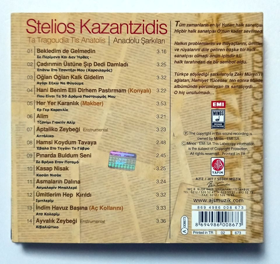 STELIOS KAZANTZIDIS – TA TRAGOUDIA TIS / ANATOLIS ANADOLU ŞARKILARI - CD 2.EL