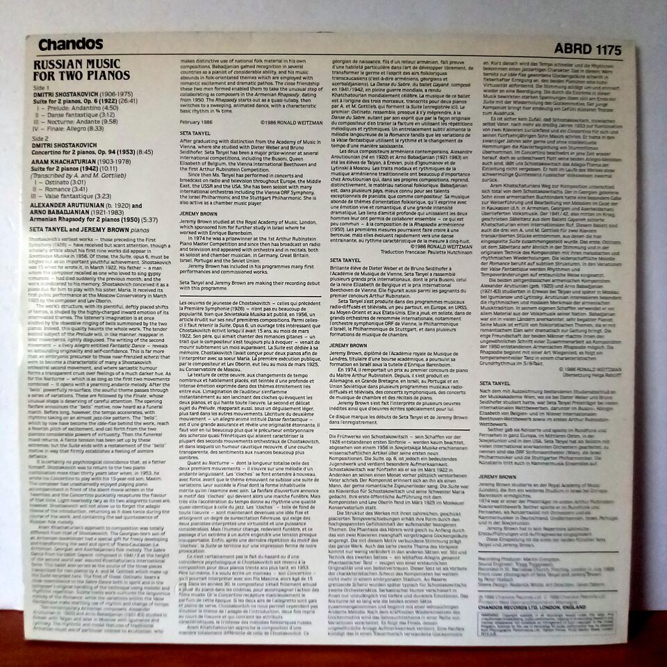 RUSSIAN MUSIC FOR TWO PIANOS / SETA TANYEL & JEREMY BROWN / SHOSTAKOVICH / KHACHATURIAN / ARUTIUNIAN & BABADJANIAN (1986) - LP 2.EL PLAK