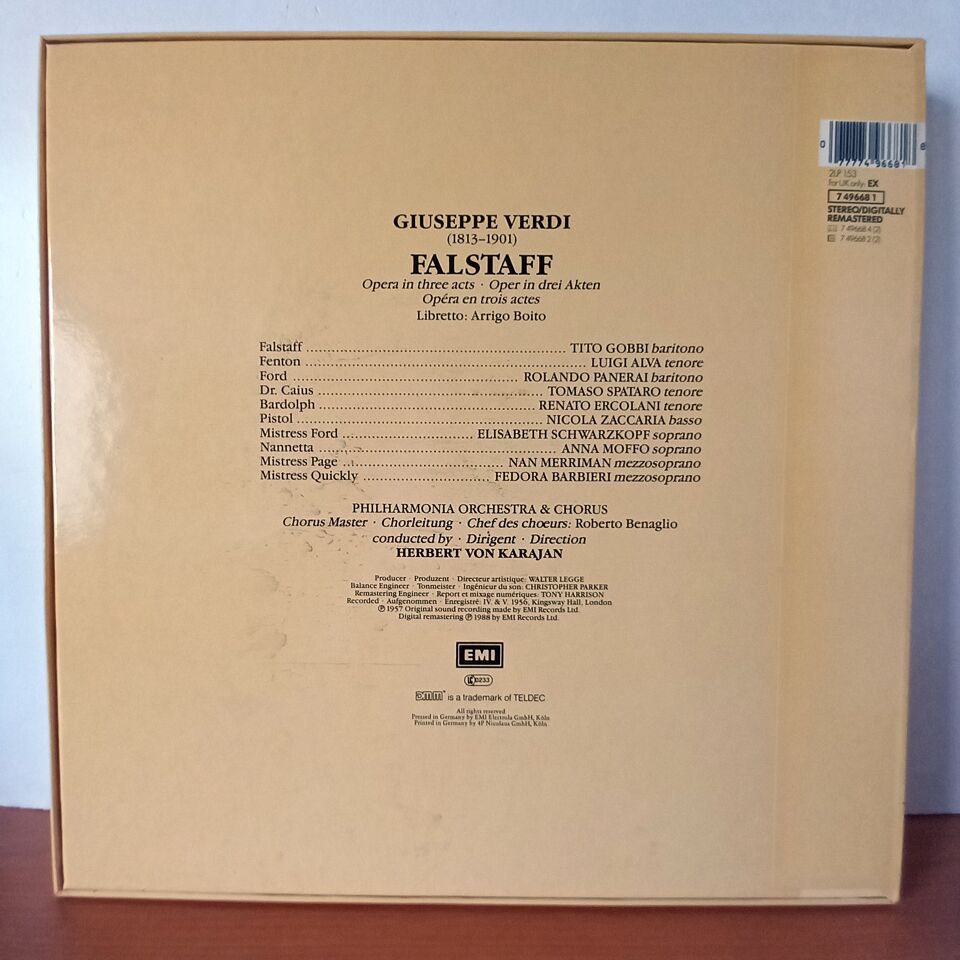 VERDI, FALSTAFF, KARAJAN / GOBBI, SCHWARZKOPF, MERRIMAN, BARBIERI, MOFFO, PANERAI, ALVA, PHILHARMONIA CHORUS, PHILHARMONIA ORCHESTRA (1988) - 2LP BOX SET 2.EL PLAK
