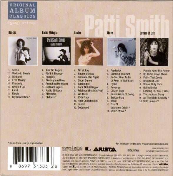 PATTI SMITH - ORIGINAL ALBUM CLASSICS / HORSES, RADIO ETHIOPIA, EASTER, WAVE, DREAMS OF LIFE (2008) - 5CD BOX SET SIFIR