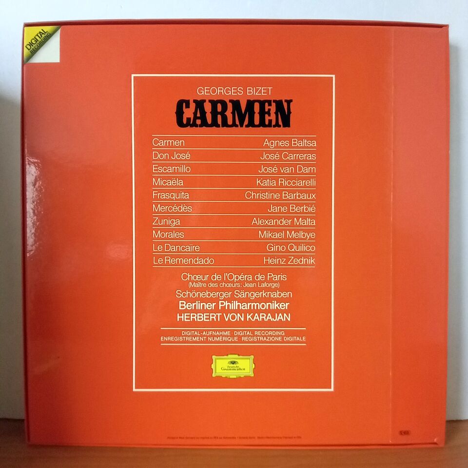 GEORGES BIZET: CARMEN / AGNES BALTSA · JOSE CARRERAS · JOSE VAN DAM · KATIA RICCIARELLI · CHŒUR DE L'OPERA DE PARIS · BERLINER PHILHARMONIKER · HERBERT VON KARAJAN (1983) - 3LP BOX SET 2.EL PLAK