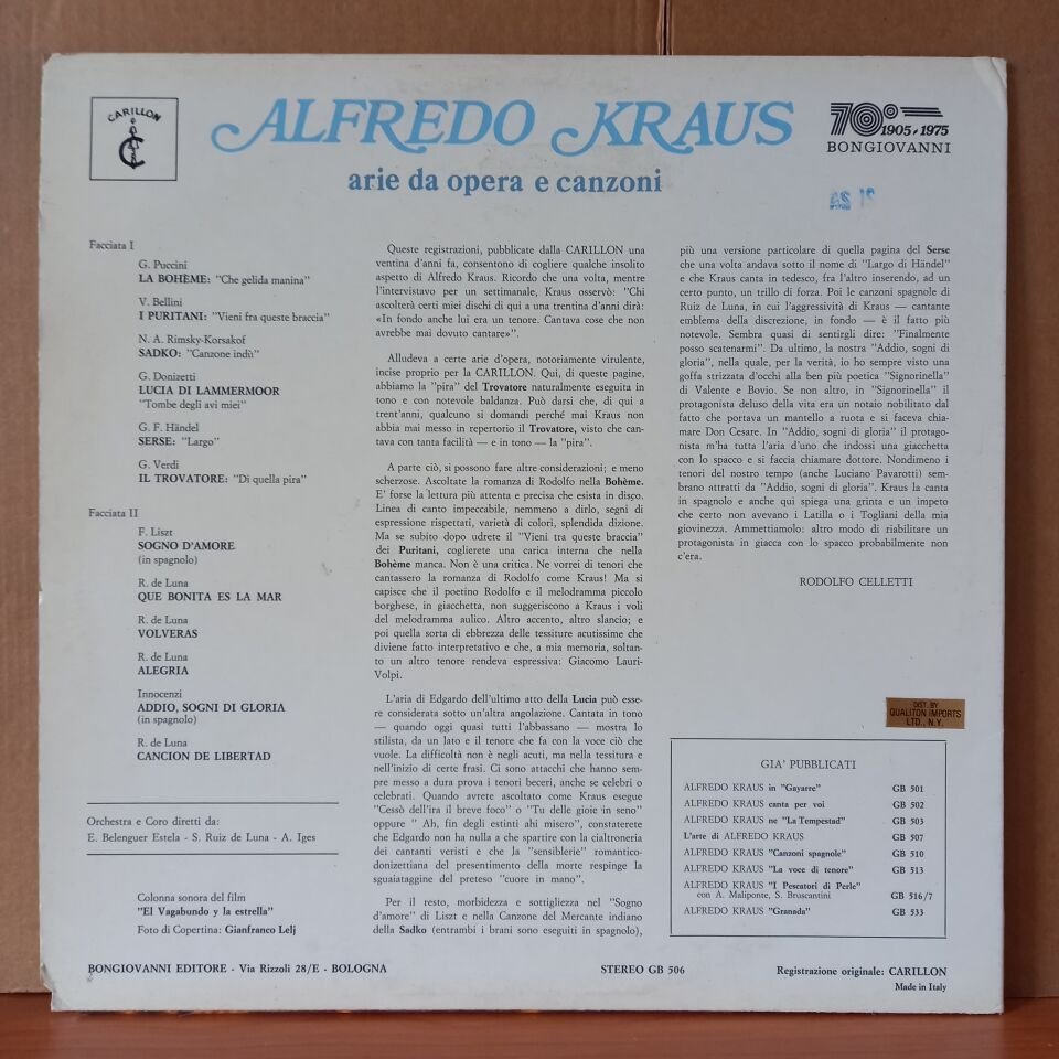 ALFREDO KRAUS / ARIE DA OPERA E CANZONI / PUCCINI, BELLINI, HANDEL, LISZT, INNOCENZI, DONIZETTI - LP 2.EL PLAK