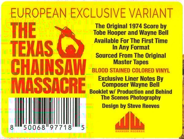 THE TEXAS CHAINSAW MASSACRE - ORIGINAL MOTION PICTURE SCORE - TOBE HOOPER & WAYNE BELL (1974) - LP 2025 EXCLUSIVE EUROPEAN VARIANT BLOOD STAINED COLORED VINYL SIFIR PLAK