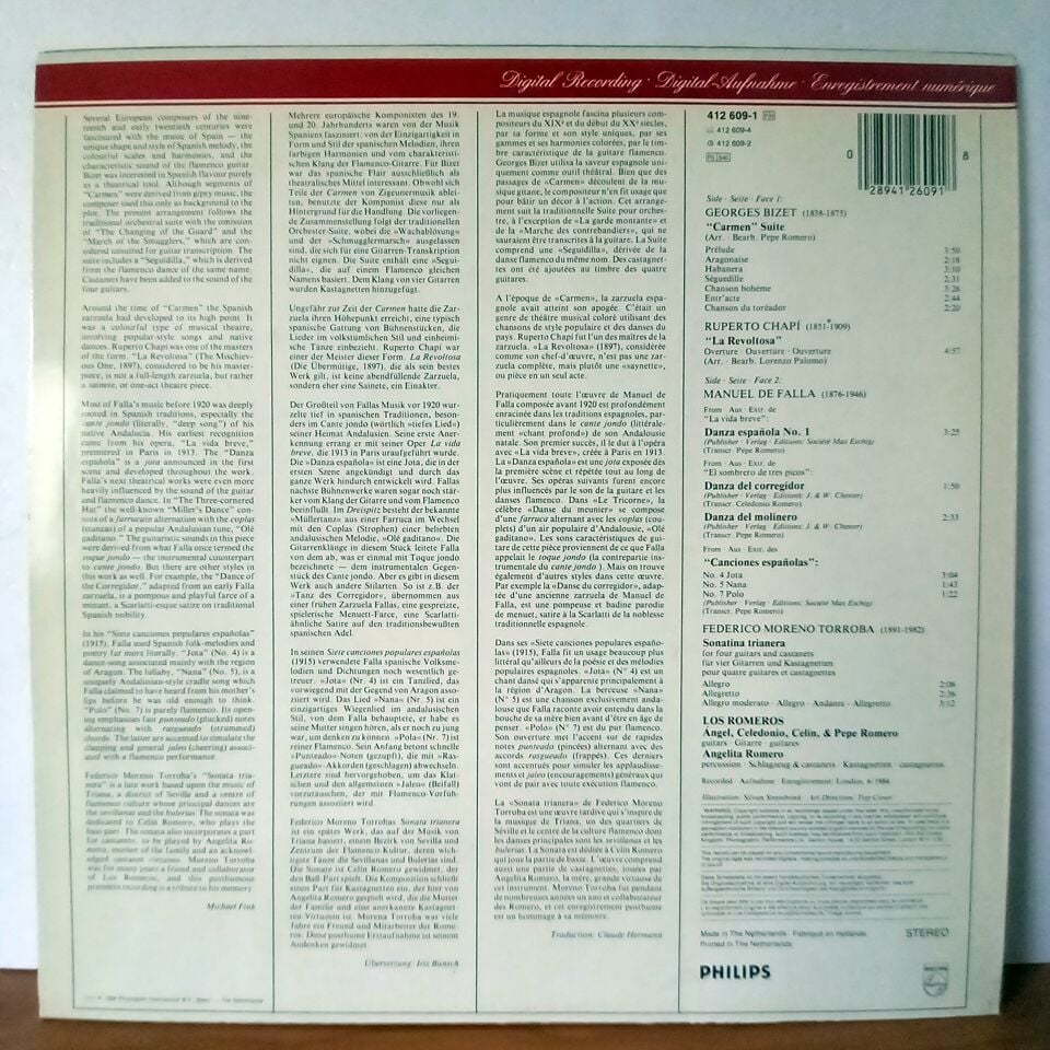 BIZET: CARMEN / FALLA 3 DANCES / THE ROMEROS - RUPERTO CHAPI - MANUEL DE FALLA - FEDERICO MORENO TORROBA (1984) - LP 2.EL PLAK